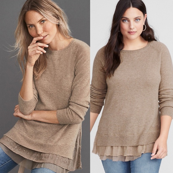 Garnet Hill Tan Shirttail Lace Trim Cashmere Sweater size Small - Picture 1 of 5